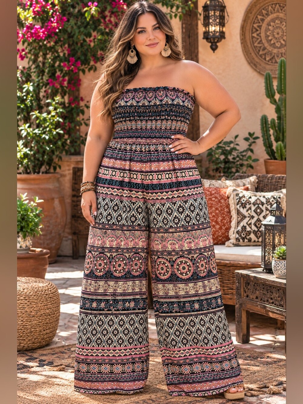 Shein Smocked Strapless Wide-Leg Jumpsuit in Multi Floral Print